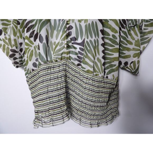 Ashley Stewart 18W Top Blouse Semi Sheer Abstract Smocked Green White Artsy Boho - Picture 11 of 11